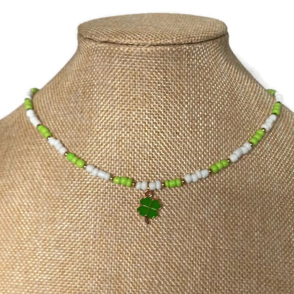 Hand Crafted Jewelry - St. Patrick's Day Four Leaf Clover Green Gold Collar Necklace Handmade Jewelry